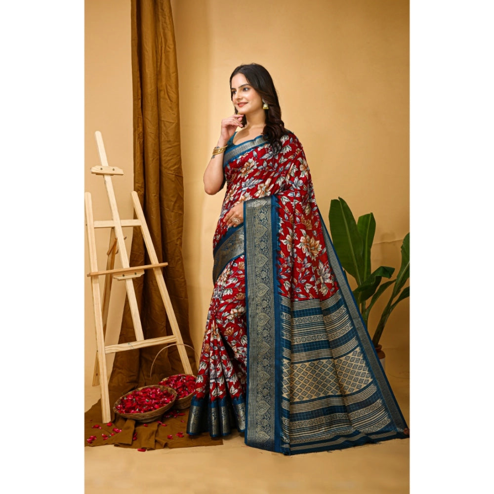 Generic Women's Soft Dola Cotton Kalamkari Printed Saree With Unstitched Blouse 5.5Mtr (Red)