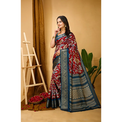 Generic Women's Soft Dola Cotton Kalamkari Printed Saree With Unstitched Blouse 5.5Mtr (Red)