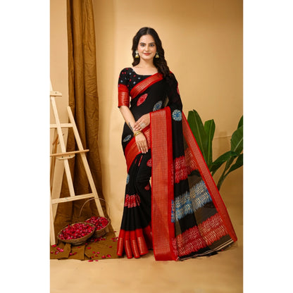 Generic Women's Soft Blooming Marshmallow Fabric Kalamkari Printed Saree With Unstitched Blouse 5.5Mtr (Black)