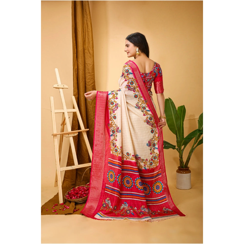 Generic Women's Soft Dola Cotton Kalamkari Printed Saree With Unstitched Blouse 5.5Mtr (Red)