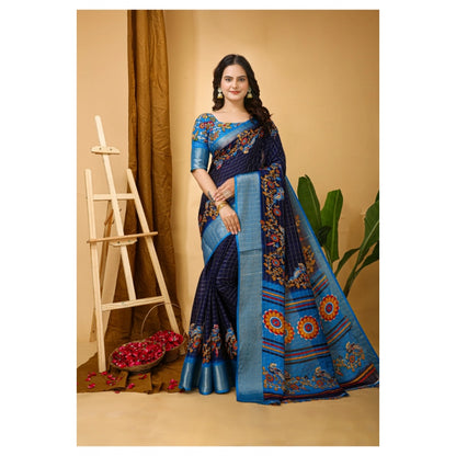 Generic Women's Soft Dola Cotton Kalamkari Printed Saree With Unstitched Blouse 5.5Mtr (Navy Blue)