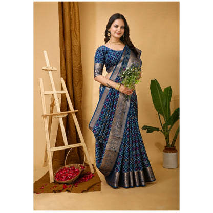 Generic Women's Soft Dola Cotton Kalamkari Printed Saree With Unstitched Blouse 5.5Mtr (Blue)