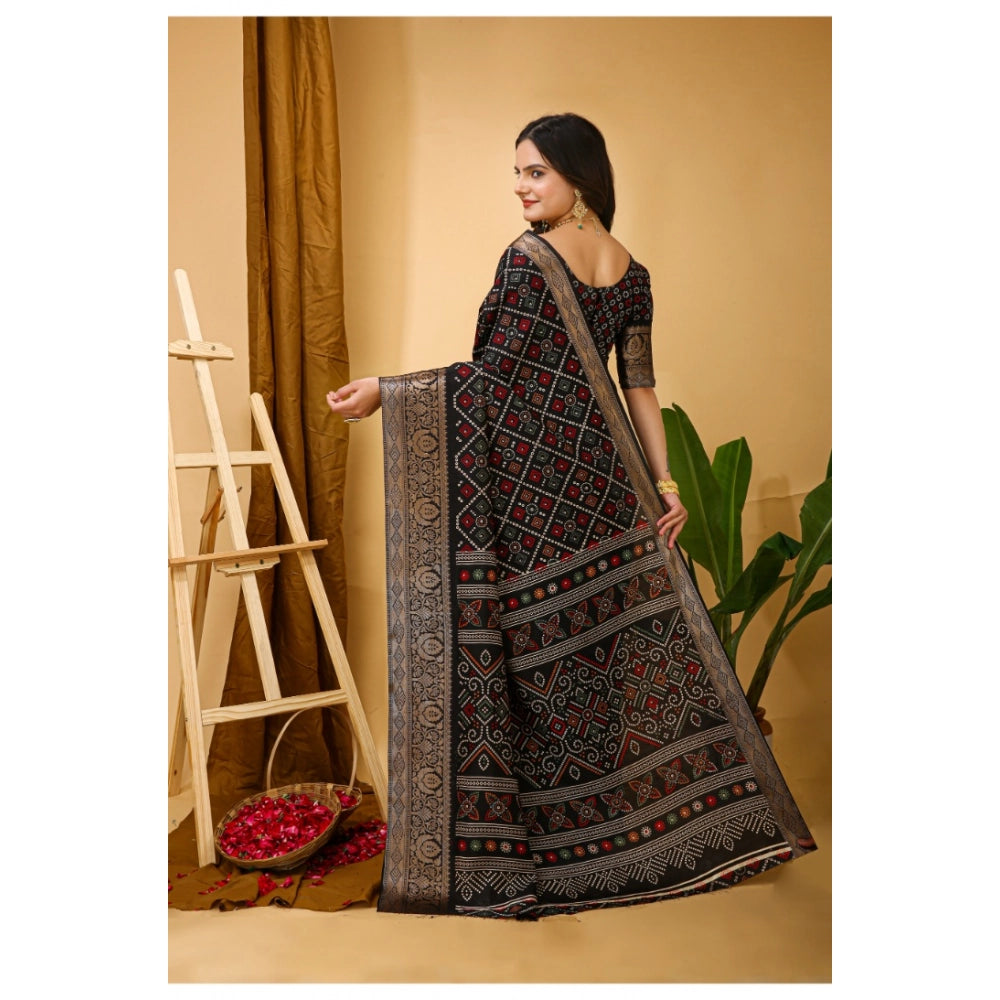 Generic Women's Soft Dola Cotton Kalamkari Printed Saree With Unstitched Blouse 5.5Mtr (Black)