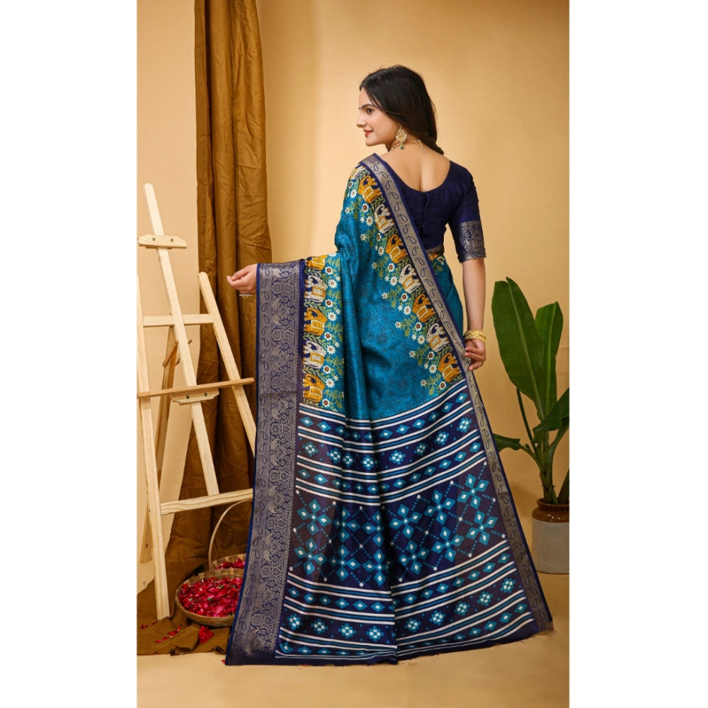 Generic Women's Soft Dola Cotton Kalamkari Printed Saree With Unstitched Blouse 5.5Mtr (Blue)