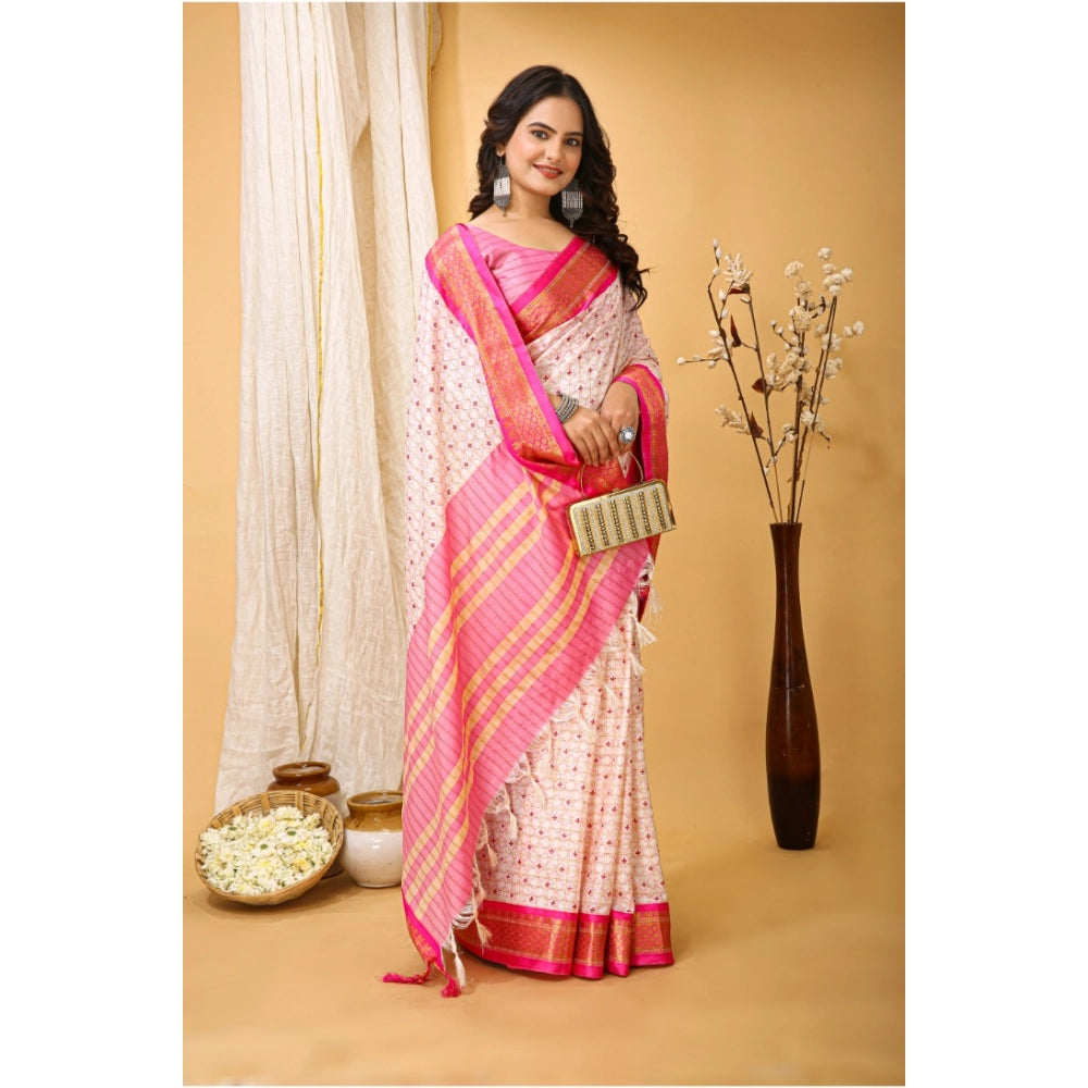 Generic Women's Soft Cotton Silk Printed Saree With Unstitched Blouse 5.5Mtr (Pink)
