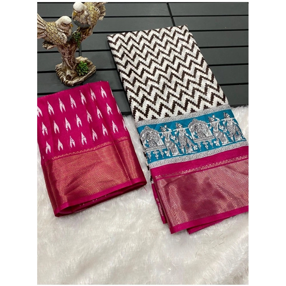 Generic Women's Soft Dola Cotton Kalamkari Printed Saree With Unstitched Blouse 5.5Mtr (Pink)