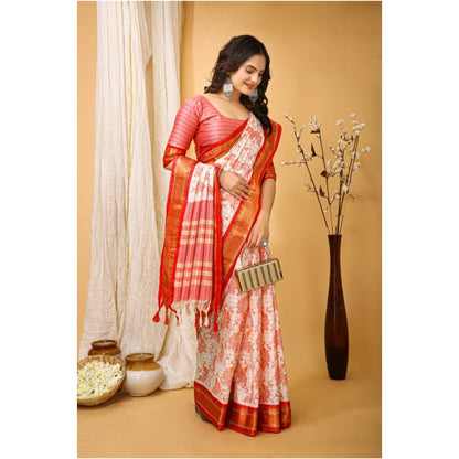 Generic Women's Soft Cotton Silk Printed Saree With Unstitched Blouse 5.5Mtr (Red)