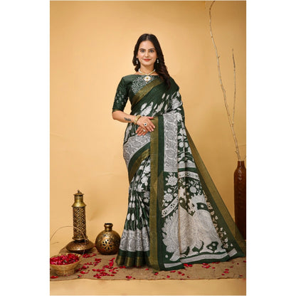 Generic Women's Soft Handloom Cotton Kalamkari Printed Saree With Unstitched Blouse 5.5Mtr (Green)