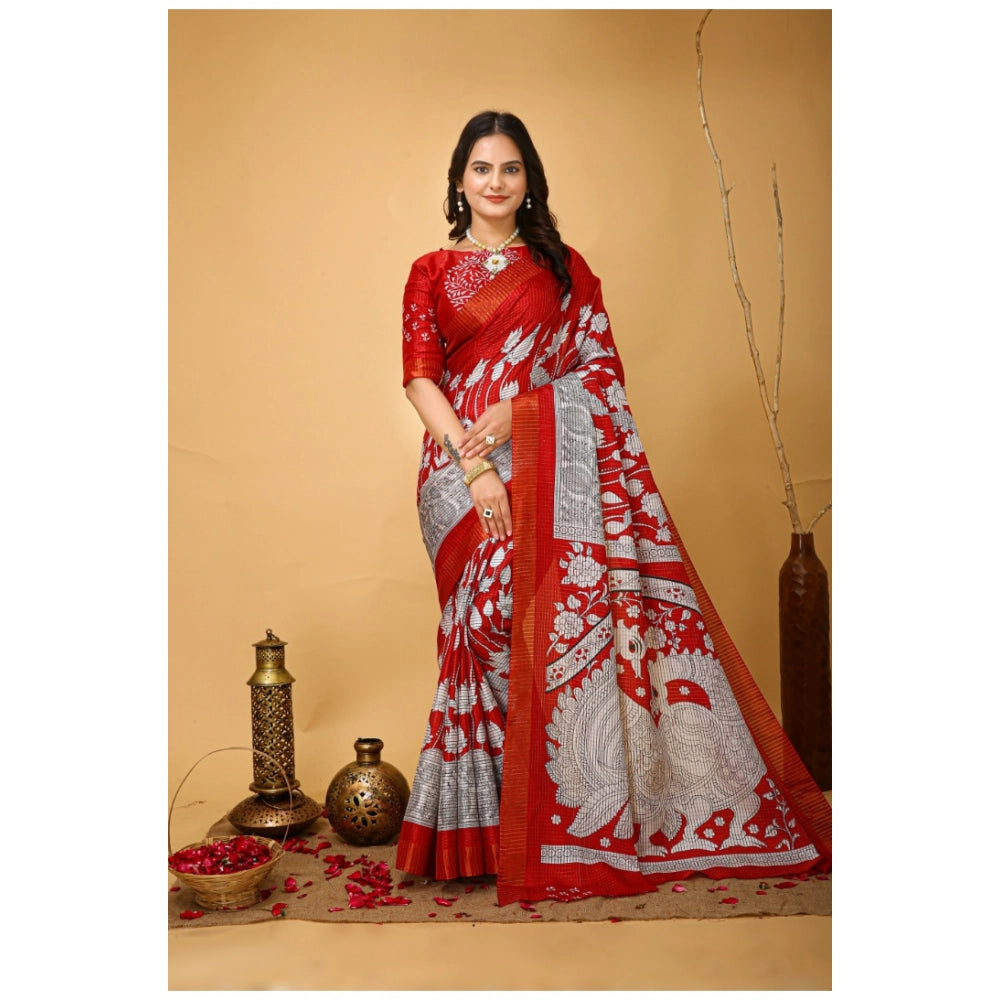 Generic Women's Soft Handloom Cotton Kalamkari Printed Saree With Unstitched Blouse 5.5Mtr (Red)