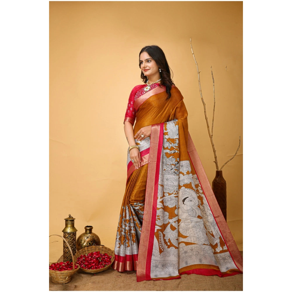 Generic Women's Soft Handloom Cotton Kalamkari Printed Saree With Unstitched Blouse 5.5Mtr (Mustard)