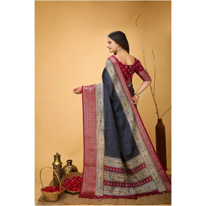 Generic Women's Soft Dola Cotton Kalamkari Printed Saree With Unstitched Blouse 5.5Mtr (Grey)