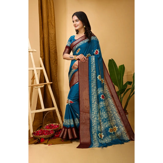 Generic Women's Soft Blooming Marshmallow Fabric Kalamkari Printed Saree With Unstitched Blouse 5.5Mtr (Blue)