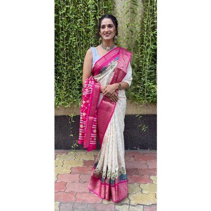 Generic Women's Soft Dola Cotton Kalamkari Printed Saree With Unstitched Blouse 5.5Mtr (White)