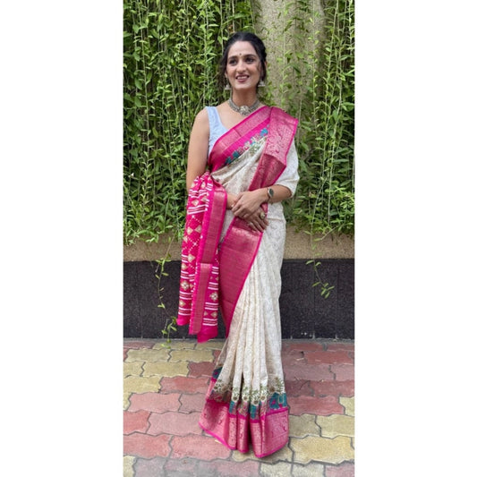 Generic Women's Soft Dola Cotton Kalamkari Printed Saree With Unstitched Blouse 5.5Mtr (White)