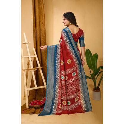 Generic Women's Soft Blooming Marshmallow Fabric Kalamkari Printed Saree With Unstitched Blouse 5.5Mtr (Red)