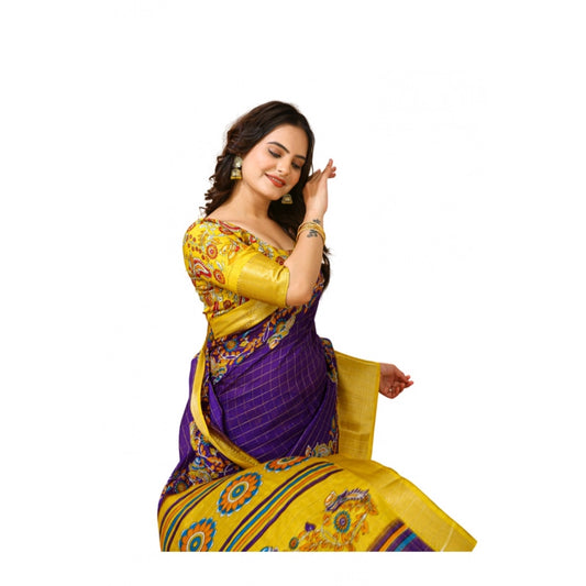 Generic Women's Soft Dola Cotton Kalamkari Printed Saree With Unstitched Blouse 5.5Mtr (Purple)