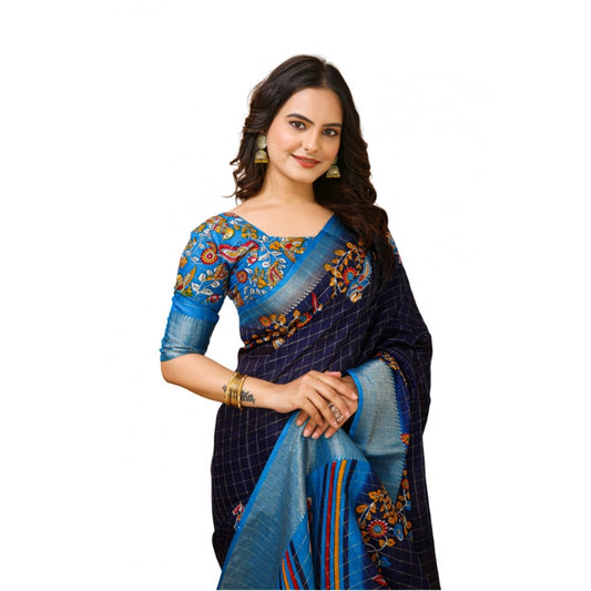 Generic Women's Soft Dola Cotton Kalamkari Printed Saree With Unstitched Blouse 5.5Mtr (Navy Blue)