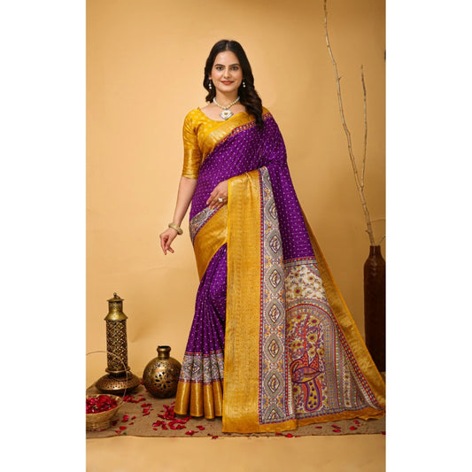 Generic Women's Soft Dola Cotton Kalamkari Printed Saree With Unstitched Blouse 5.5Mtr (Purple)