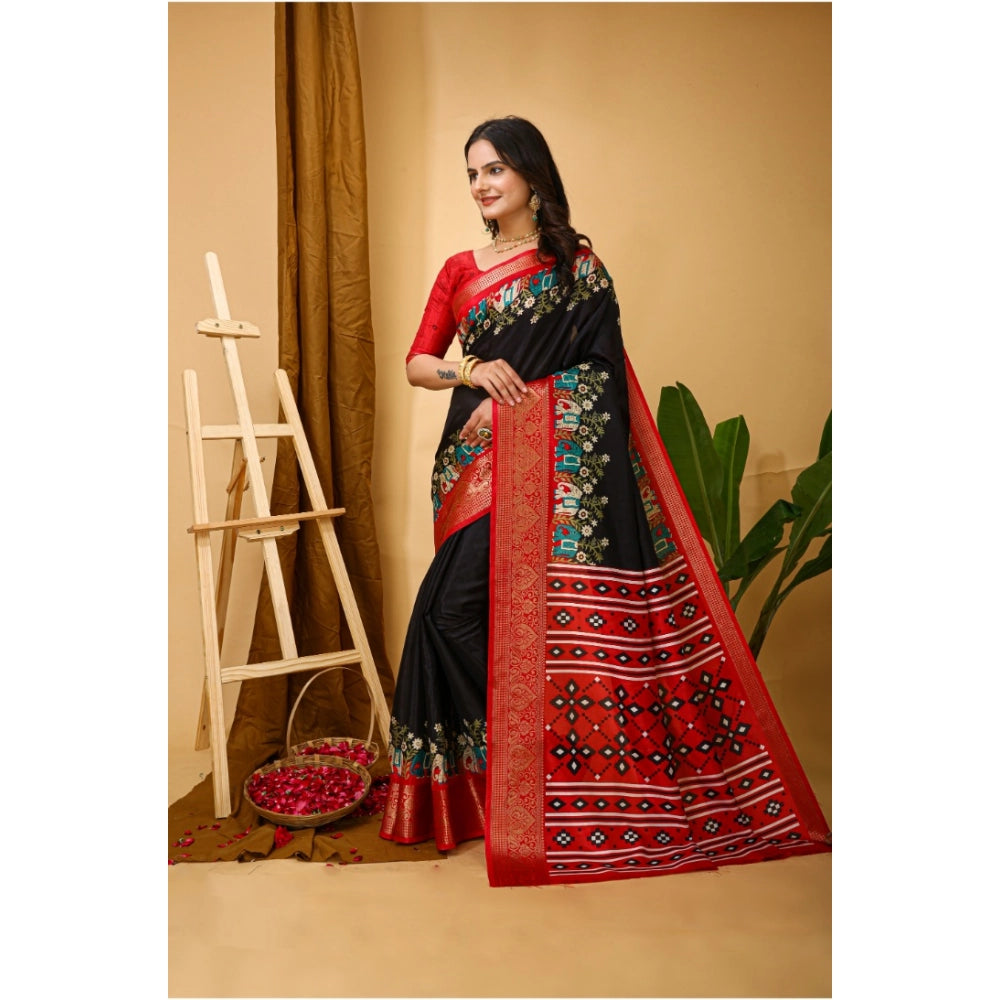 Generic Women's Soft Dola Cotton Kalamkari Printed Saree With Unstitched Blouse 5.5Mtr (Black)