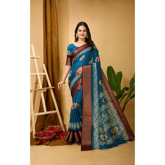 Generic Women's Soft Blooming Marshmallow Fabric Kalamkari Printed Saree With Unstitched Blouse 5.5Mtr (Blue)