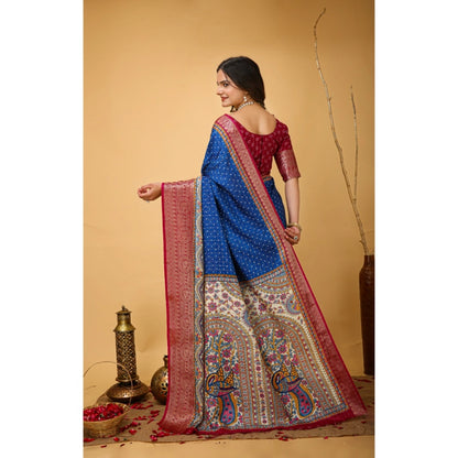 Generic Women's Soft Dola Cotton Kalamkari Printed Saree With Unstitched Blouse 5.5Mtr (Blue)