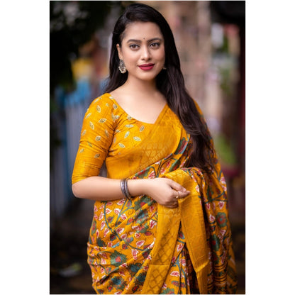 Generic Women's Soft Dola Cotton Kalamkari Printed Saree With Unstitched Blouse 5.5Mtr (Yellow)
