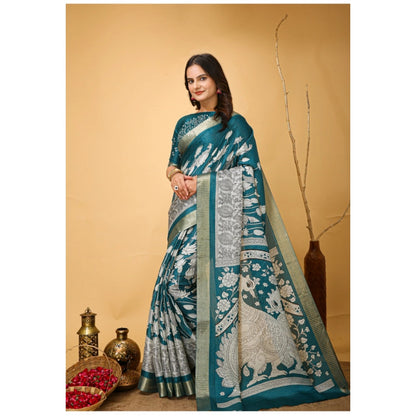 Generic Women's Soft Handloom Cotton Kalamkari Printed Saree With Unstitched Blouse 5.5Mtr (Turquoise)