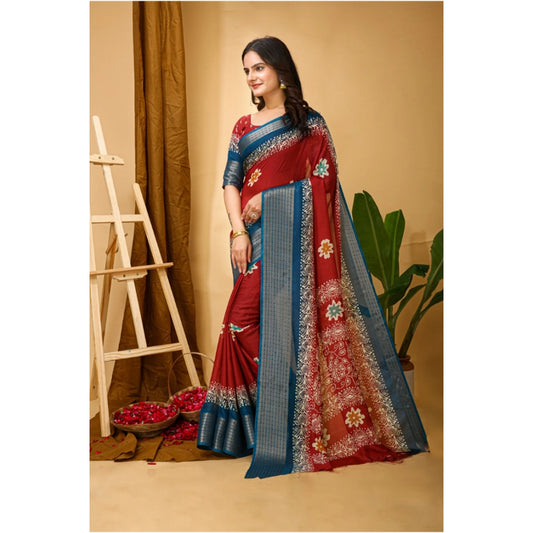 Generic Women's Soft Blooming Marshmallow Fabric Kalamkari Printed Saree With Unstitched Blouse 5.5Mtr (Red)