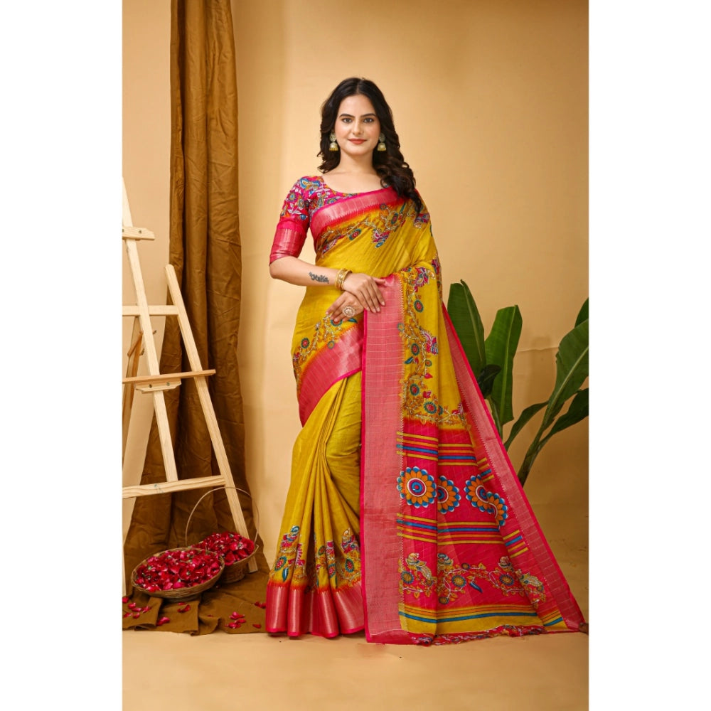 Generic Women's Soft Dola Cotton Kalamkari Printed Saree With Unstitched Blouse 5.5Mtr (Yellow)