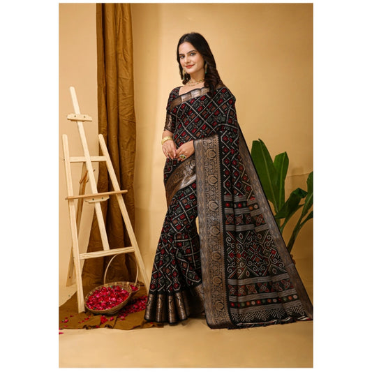 Generic Women's Soft Dola Cotton Kalamkari Printed Saree With Unstitched Blouse 5.5Mtr (Black)