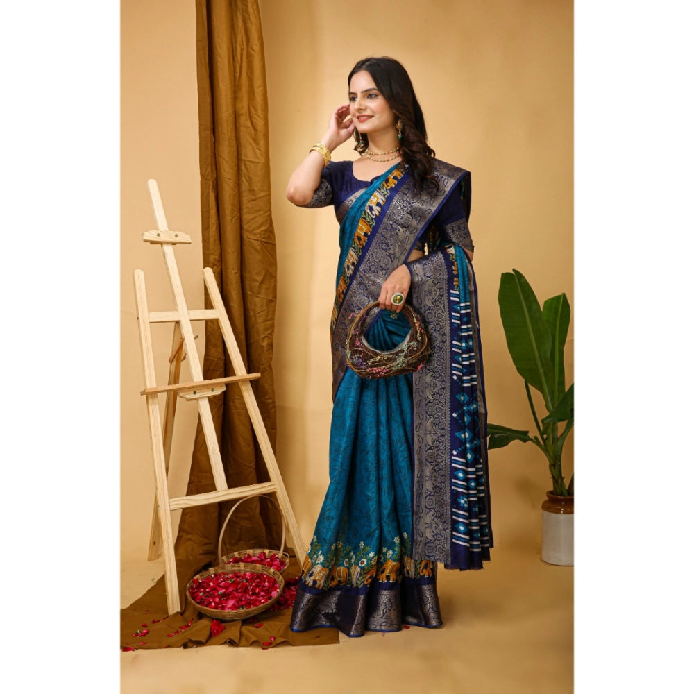 Generic Women's Soft Dola Cotton Kalamkari Printed Saree With Unstitched Blouse 5.5Mtr (Blue)