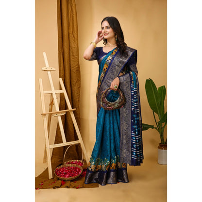 Generic Women's Soft Dola Cotton Kalamkari Printed Saree With Unstitched Blouse 5.5Mtr (Blue)