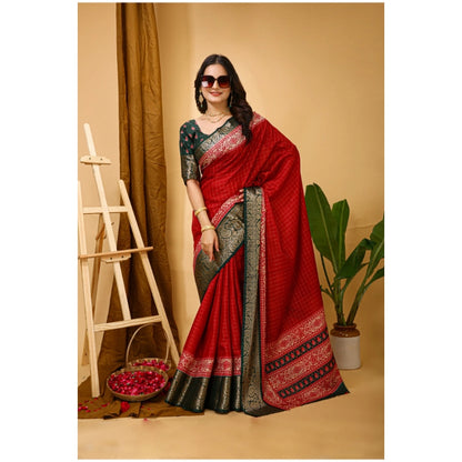 Generic Women's Soft Dola Cotton Kalamkari Printed Saree With Unstitched Blouse 5.5Mtr (Red)