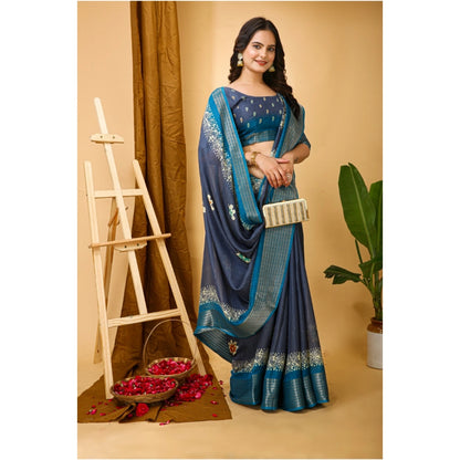 Generic Women's Soft Blooming Marshmallow Fabric Kalamkari Printed Saree With Unstitched Blouse 5.5Mtr (Grey)