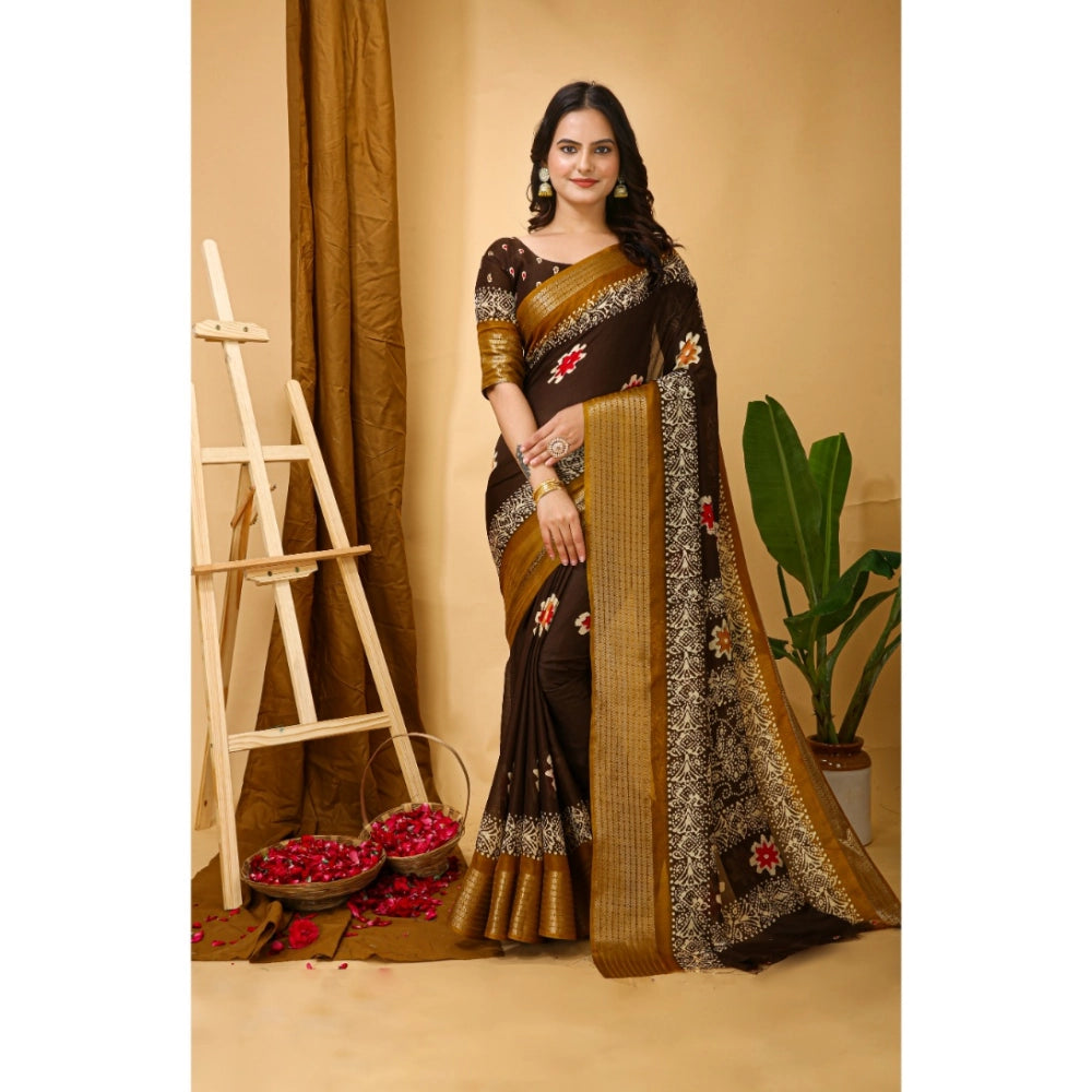 Generic Women's Soft Blooming Marshmallow Fabric Kalamkari Printed Saree With Unstitched Blouse 5.5Mtr (Brown)