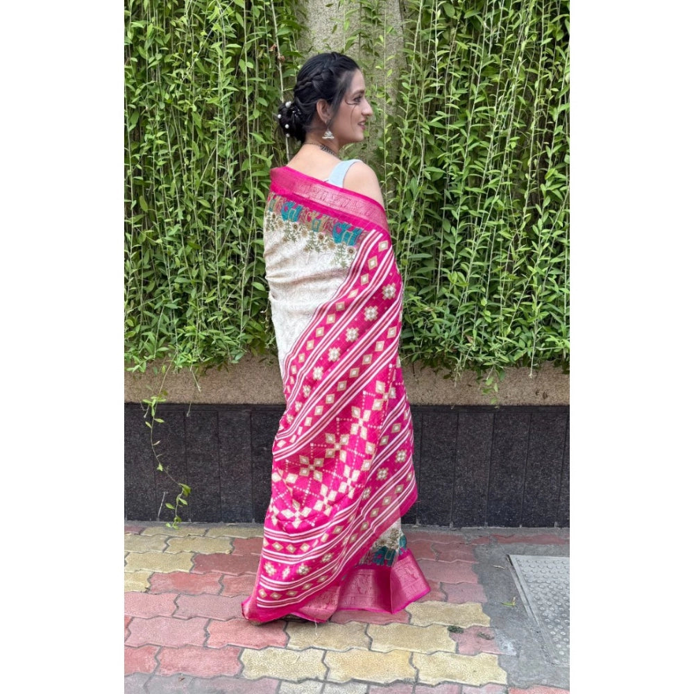 Generic Women's Soft Dola Cotton Kalamkari Printed Saree With Unstitched Blouse 5.5Mtr (White)