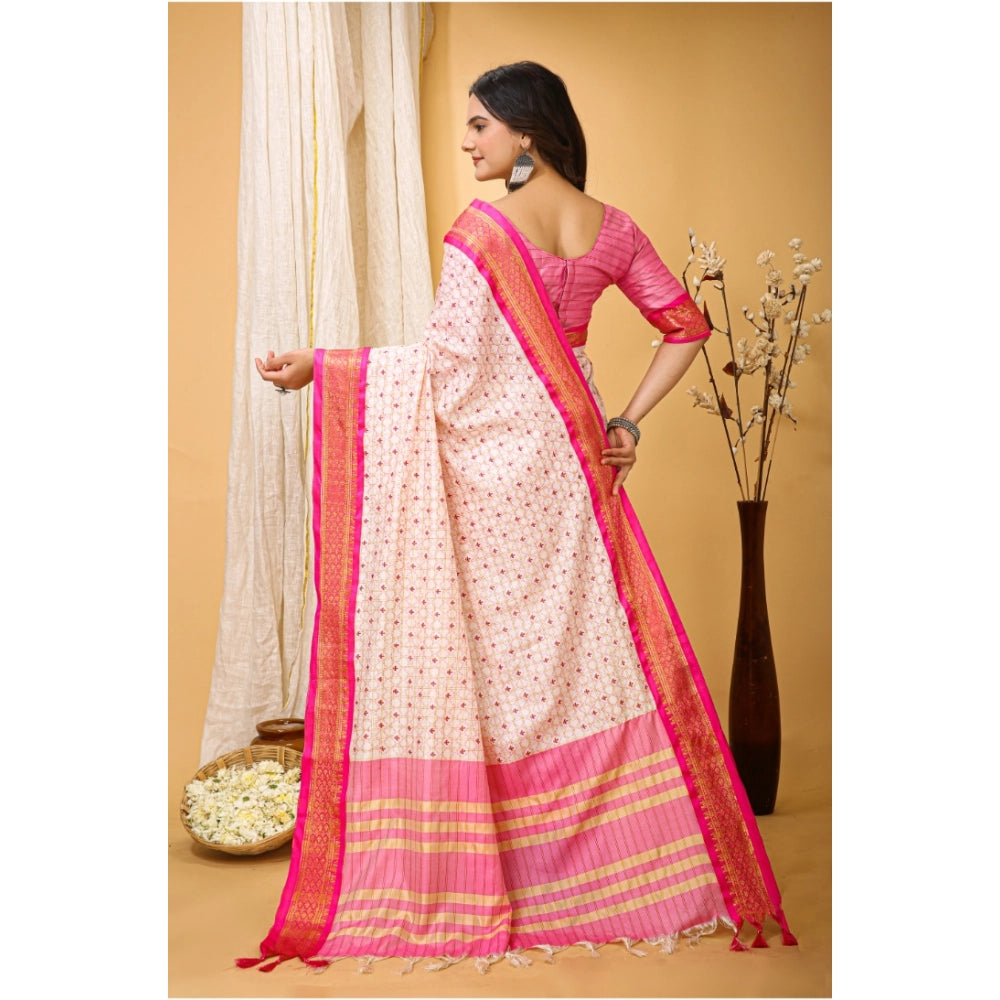 Generic Women's Soft Cotton Silk Printed Saree With Unstitched Blouse 5.5Mtr (Pink)
