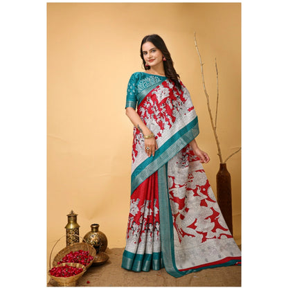 Generic Women's Soft Handloom Cotton Kalamkari Printed Saree With Unstitched Blouse 5.5Mtr (Red)