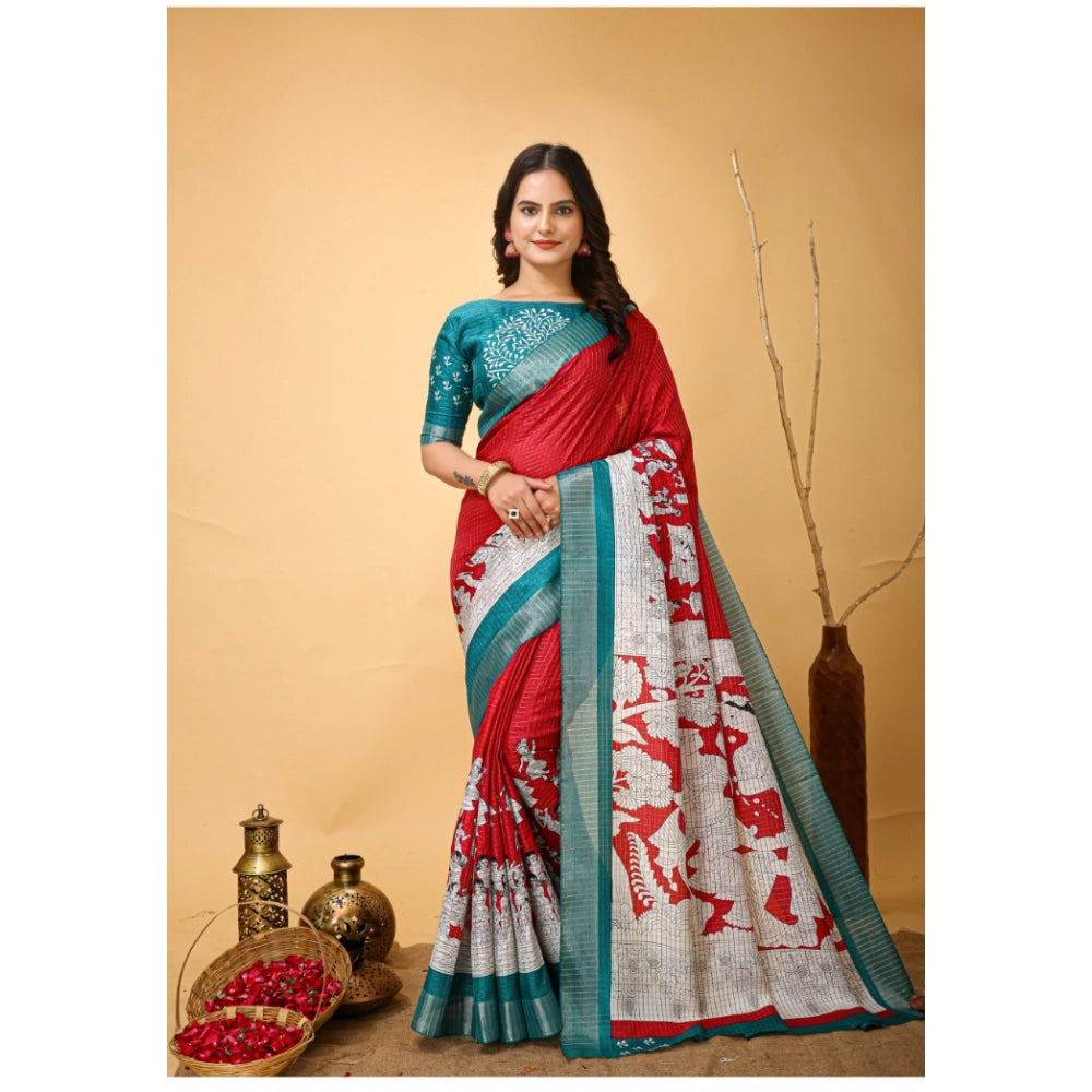 Generic Women's Soft Handloom Cotton Kalamkari Printed Saree With Unstitched Blouse 5.5Mtr (Red)