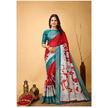 Generic Women's Soft Handloom Cotton Kalamkari Printed Saree With Unstitched Blouse 5.5Mtr (Red)