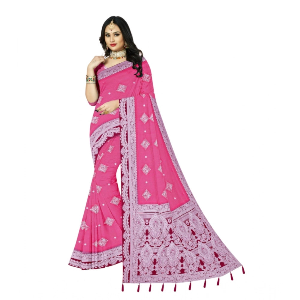 Generic Women's Cotton Printed Saree With Unstitched Blouse 5.5Mtr (Pink)