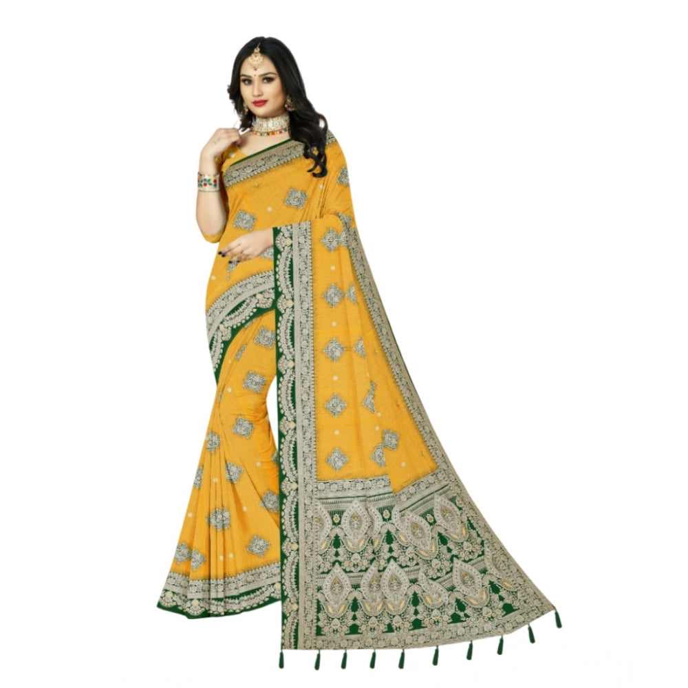 Generic Women's Cotton Printed Saree With Unstitched Blouse 5.5Mtr (Yellow)