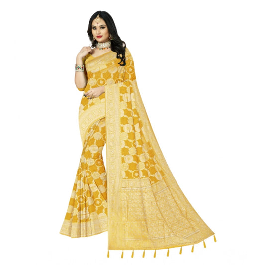 Generic Women's Cotton Printed Saree With Unstitched Blouse 5.5Mtr (Yellow)