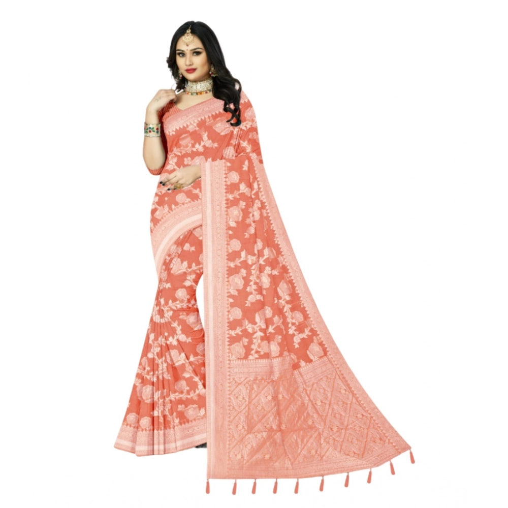 Generic Women's Cotton Printed Saree With Unstitched Blouse 5.5Mtr (Orange)