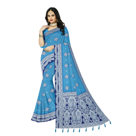Generic Women's Cotton Printed Saree With Unstitched Blouse 5.5Mtr (Firozi)