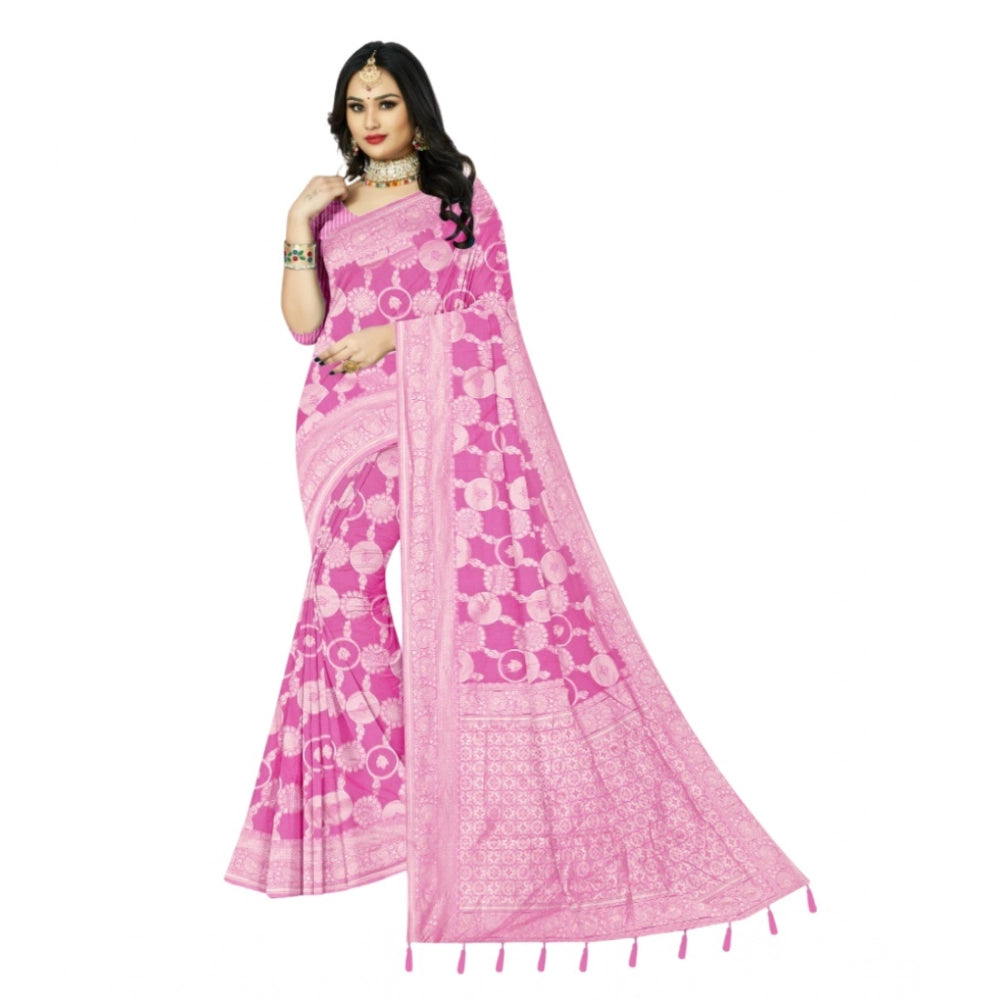Generic Women's Cotton Printed Saree With Unstitched Blouse 5.5Mtr (Pink)