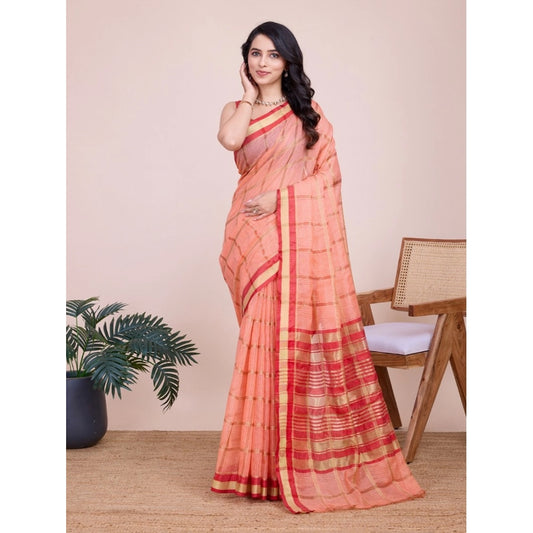 Generic Women's Cotton Silk Checkered Kota Doria Saree With Unstitched Blouse (5.5Mtr, Peach)