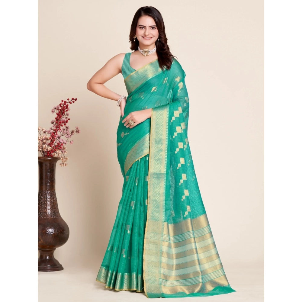 Generic Women's Silk Blend Printed Banarasi Saree With Unstitched Blouse (5.5Mtr, Rama Green)