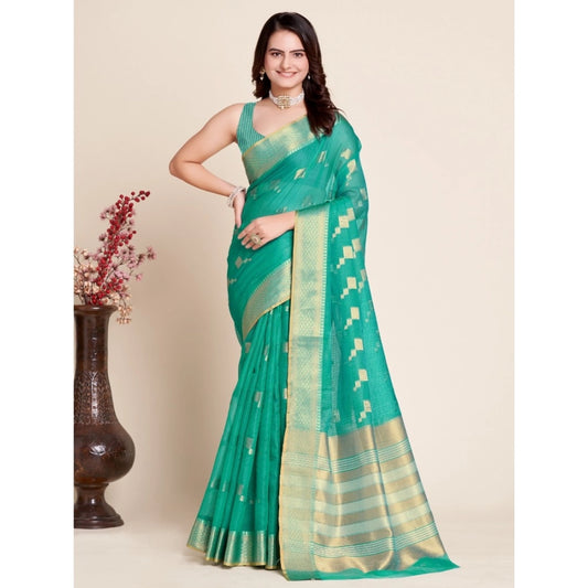 Generic Women's Silk Blend Printed Banarasi Saree With Unstitched Blouse (5.5Mtr, Rama Green)
