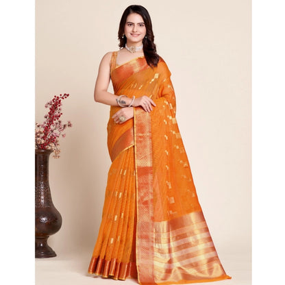 Generic Women's Silk Blend Printed Banarasi Saree With Unstitched Blouse (5.5Mtr, Orange)